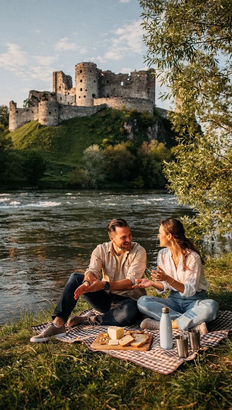 Visitors exploring the ancient ruins of a medieval castle, surrounded by stunning natural scenery and rich historical artifacts.